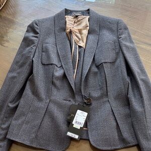 Escada Charcoal Gray Wool Tailored Blazer with Satin Neck Tie